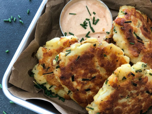 POTATO & CHIVE FRITTERS WITH BBQ MAYO.