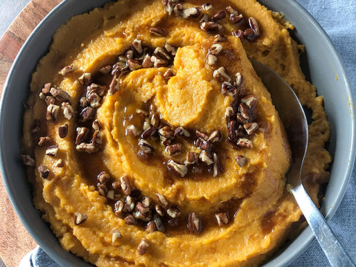 MASHED SWEET POTATOES WITH CINNAMON-SUGAR BUTTER & PECANS