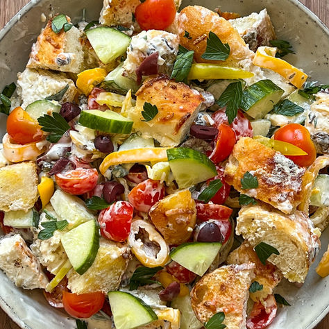 GREEK PANZANELLA WITH TZATZIKI DRESSING