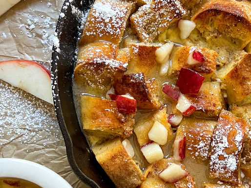 BUTTERMILK BAGUETTE BREAD PUDDING WITH RED PEAR CARAMEL SAUCE
