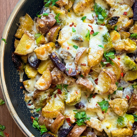 SKILLET-ROASTED PEPPER JACK POTATOES & BRUSSELS SPROUTS