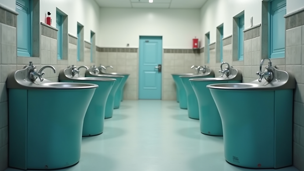 Eye-level view of a modern dog wash station with raised tubs and cleaning supplies