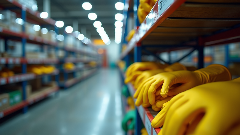 Eye-level view of a safety glove storage rack in an industrial setting