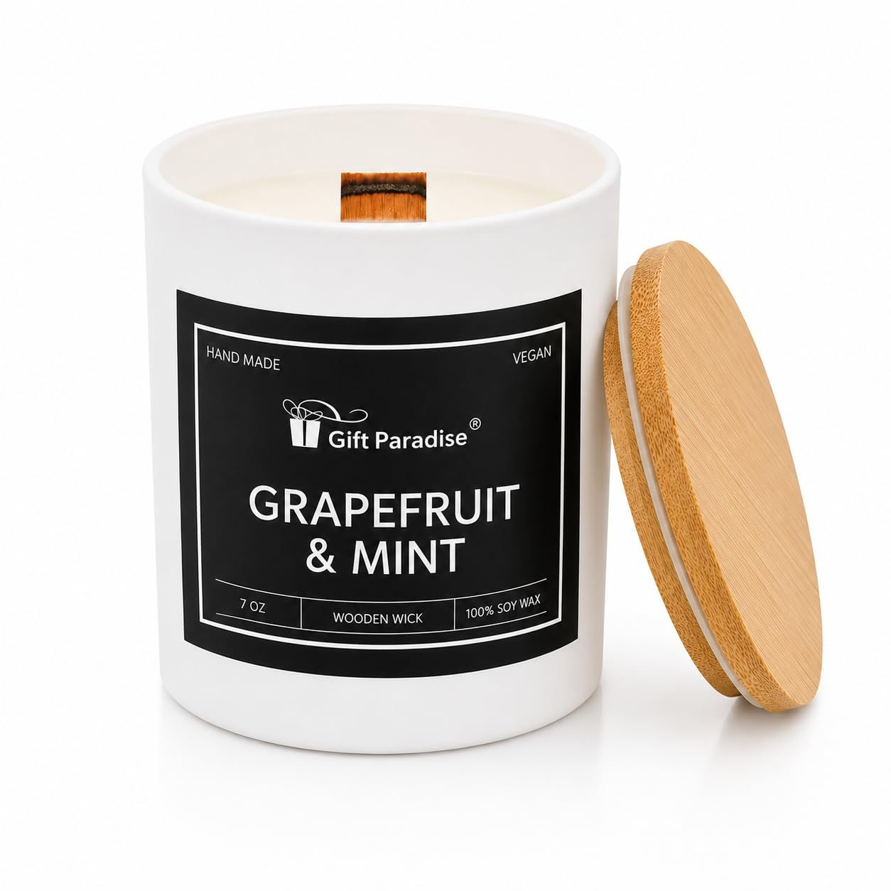 Gift Paradise Grapefruit & Mint Soy Candle, 7 oz, Wood Wick, White Jar