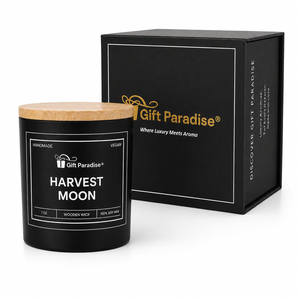 Gift Paradise Harvest Moon Soy Candle, 7 oz Wooden Wick Candle with Bamboo Lid &