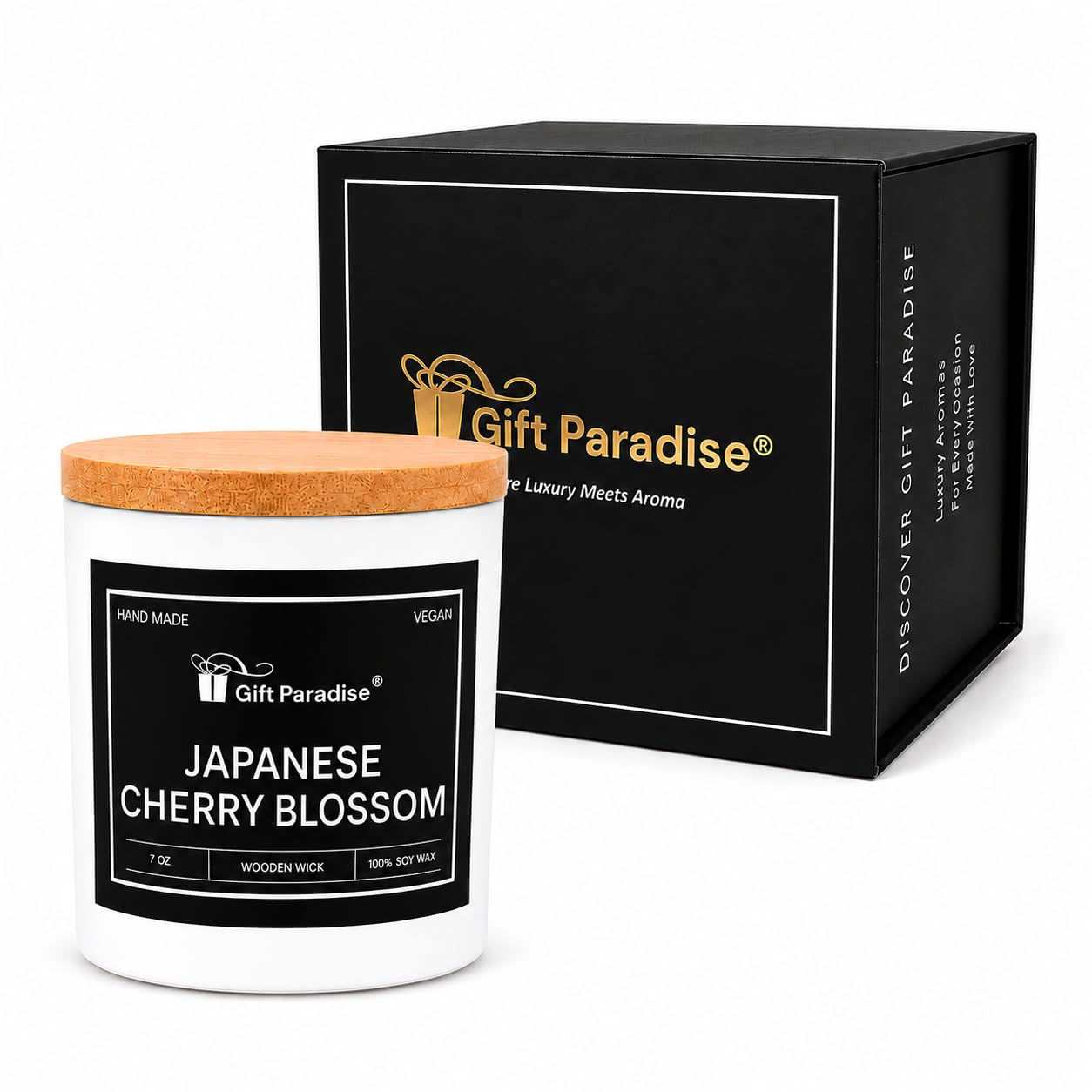 Gift Paradise Japanese Cherry Blossom Soy Candle, 7 oz Wooden Wick Candle with B