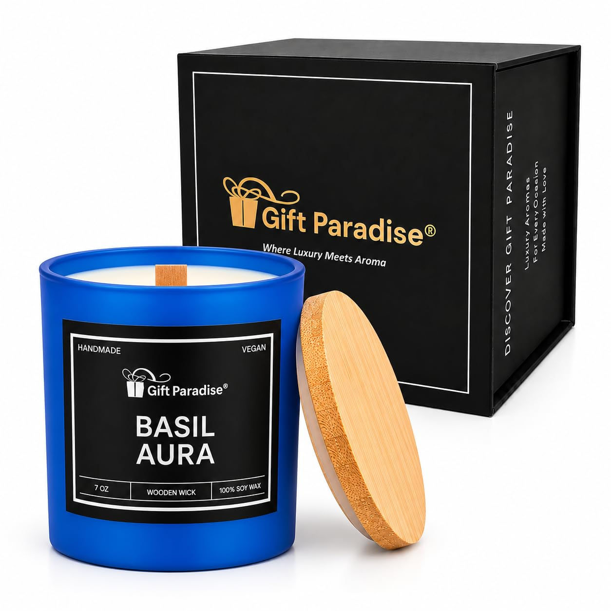 Gift Paradise Basil Aura Scented Soy Candle, 7 oz Premium Wooden Wick Candle in