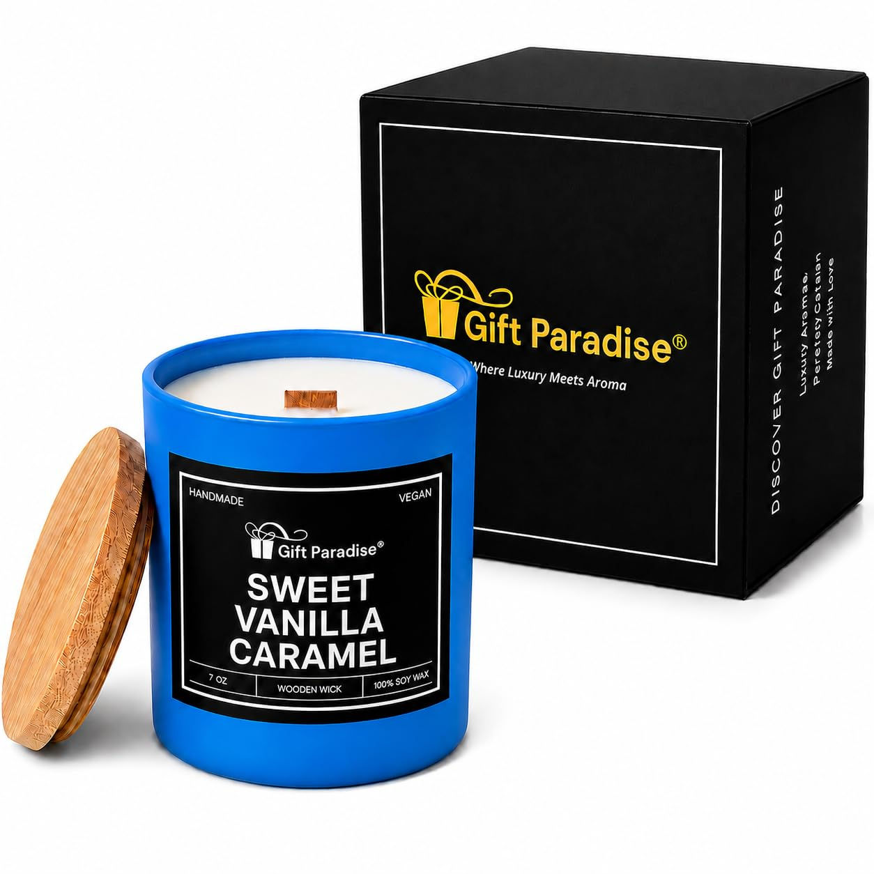 Gift Paradise Sweet Vanilla Caramel Scented Candle – 7 oz Soy Wax Candle with Cr