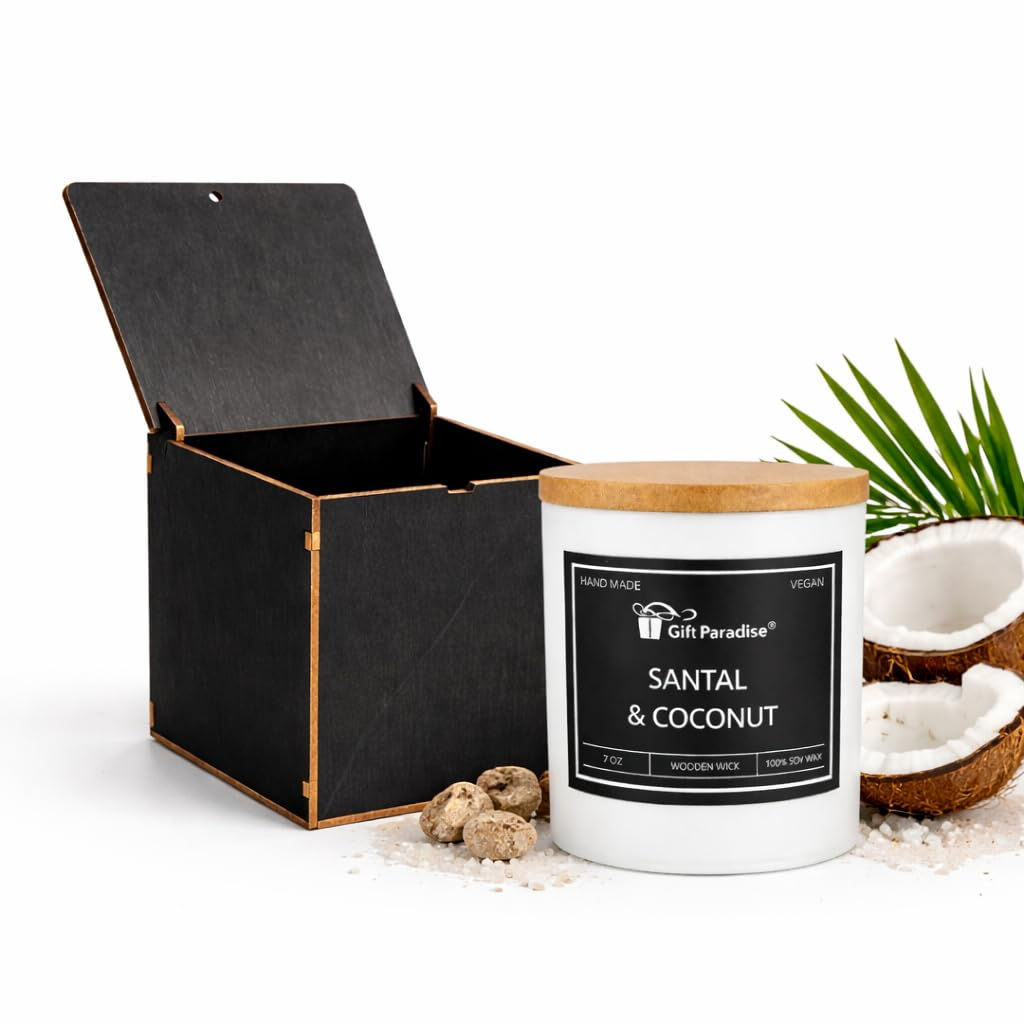 Santal & Coconut Soy Candle, 7 oz Wood Wick Candle with Bamboo Lid & Gift Box, W