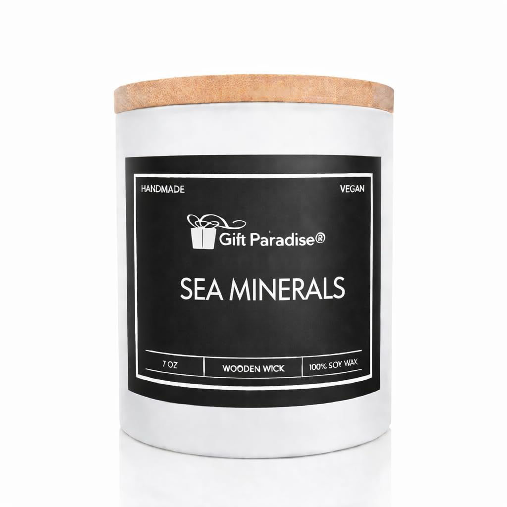 Gift Paradise Sea Minerals Scented Soy Candle, 7 oz Premium Candle with Wooden W