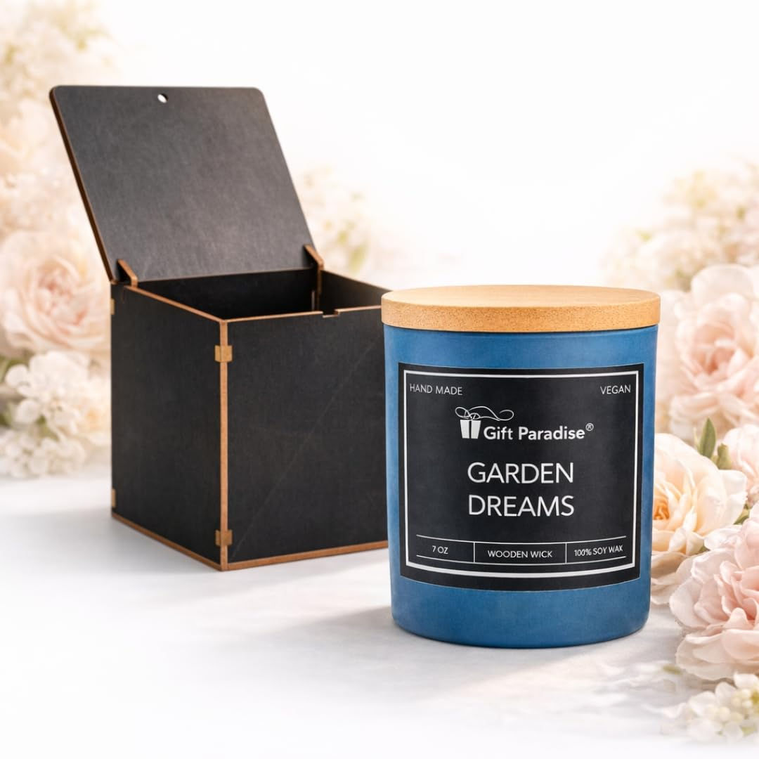 English Garden Soy Candle, 7 oz Wood Wick Candle with Wooden Gift Box, Fresh Flo