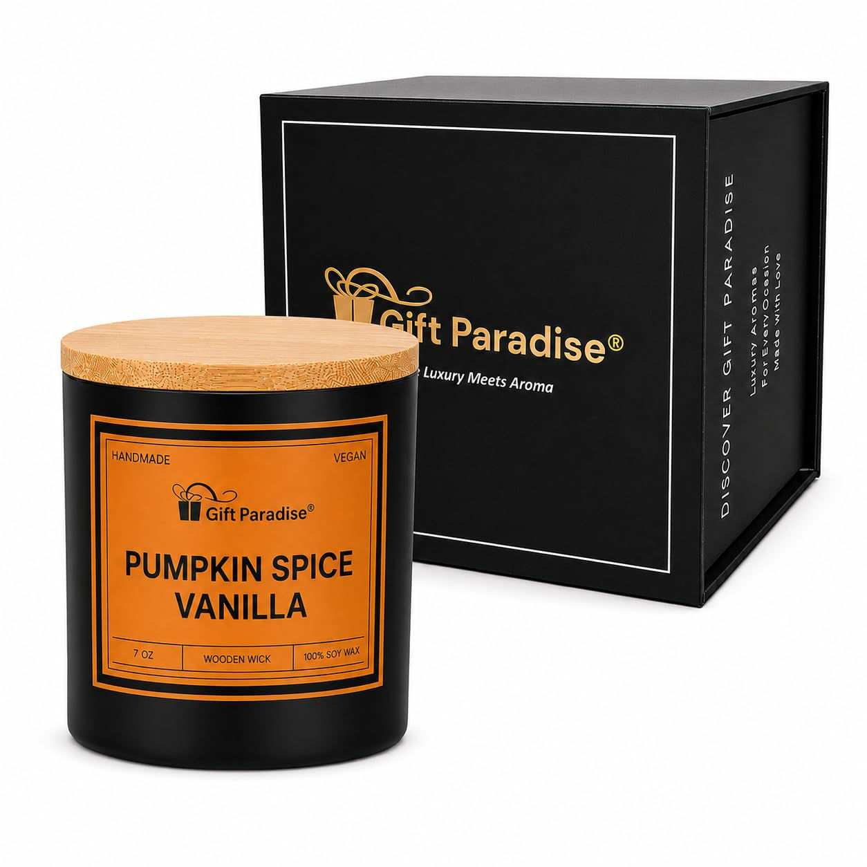 Pumpkin Spice Vanilla Gift Paradise 7 oz Soy Wax Candle with Wood Wick in Premiu