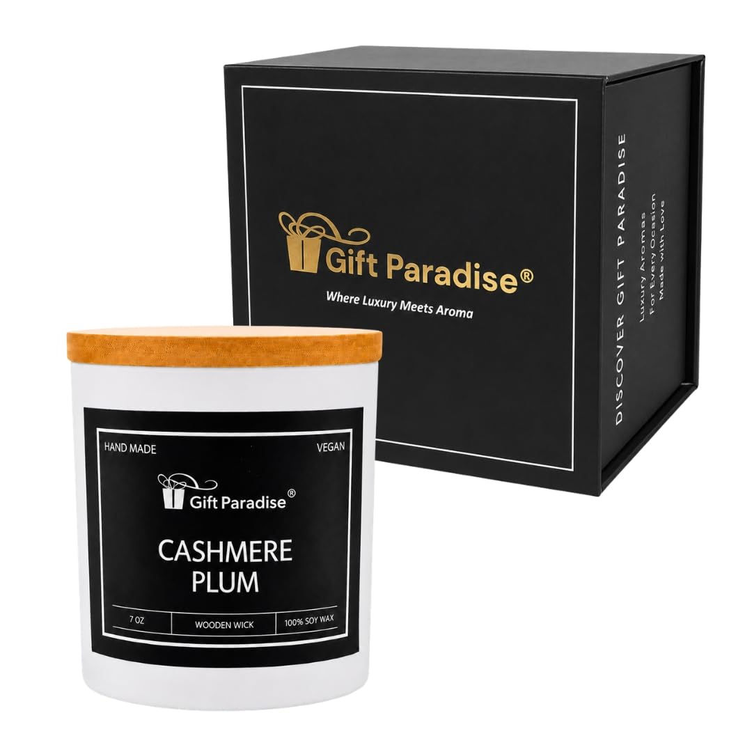 Gift Paradise Cashmere Plum Scented Candle 7 oz – 100% Soy Wax Candle with Crack