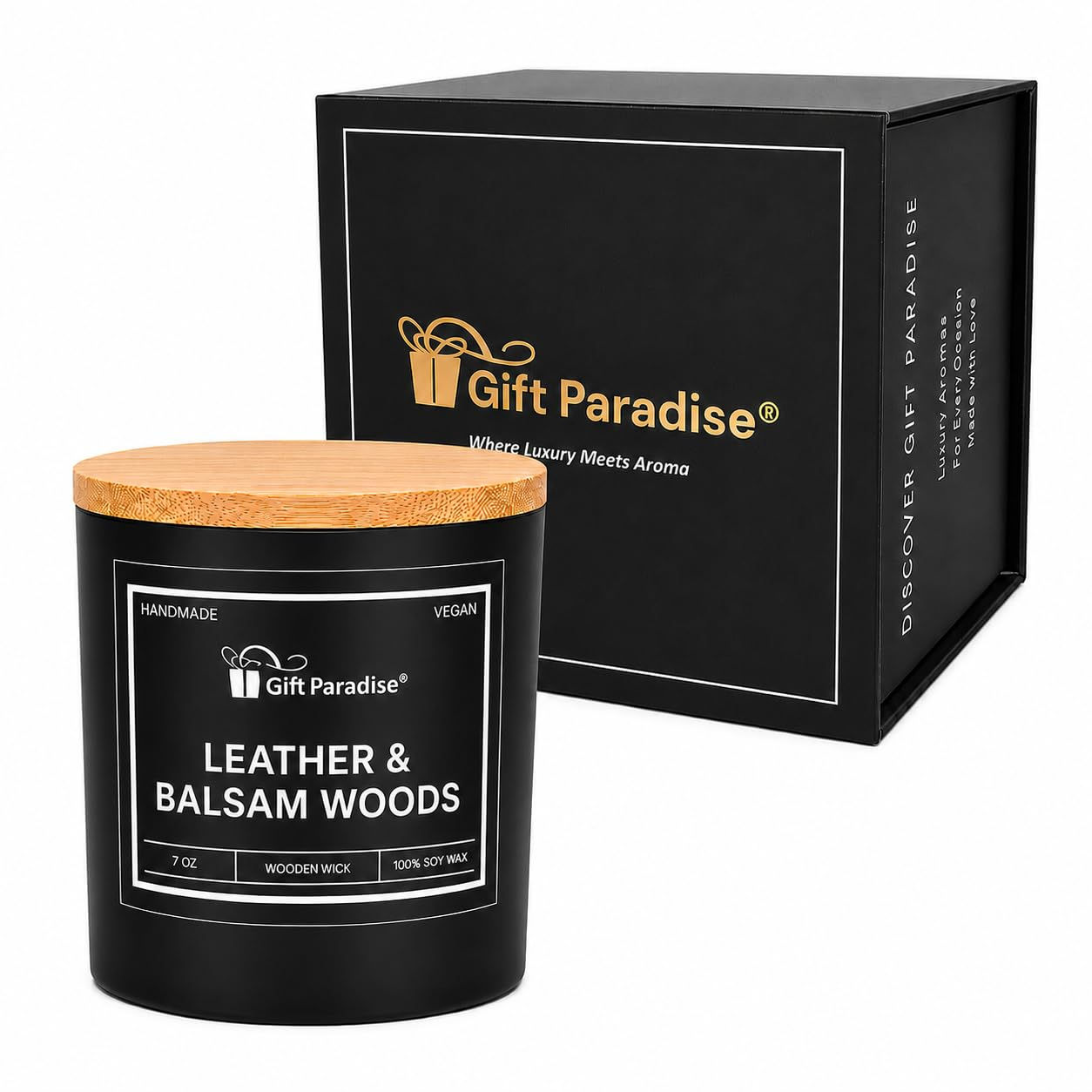 Gift Paradise Leather & Balsam Woods Scented Candle – 7 oz Soy Wax Candle with C