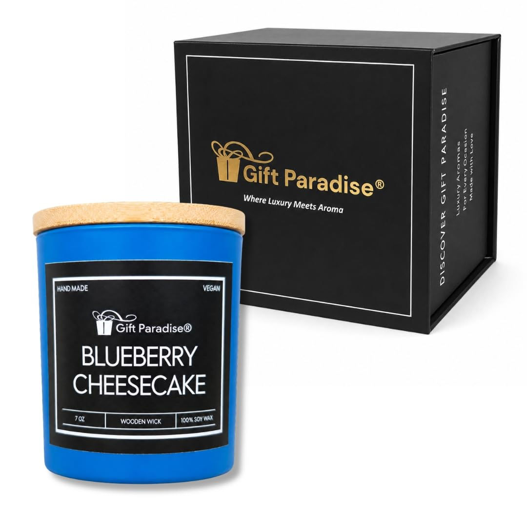 Gift Paradise Blueberry Cheesecake Soy Candle – 7 oz Glass Jar with Bamboo Lid