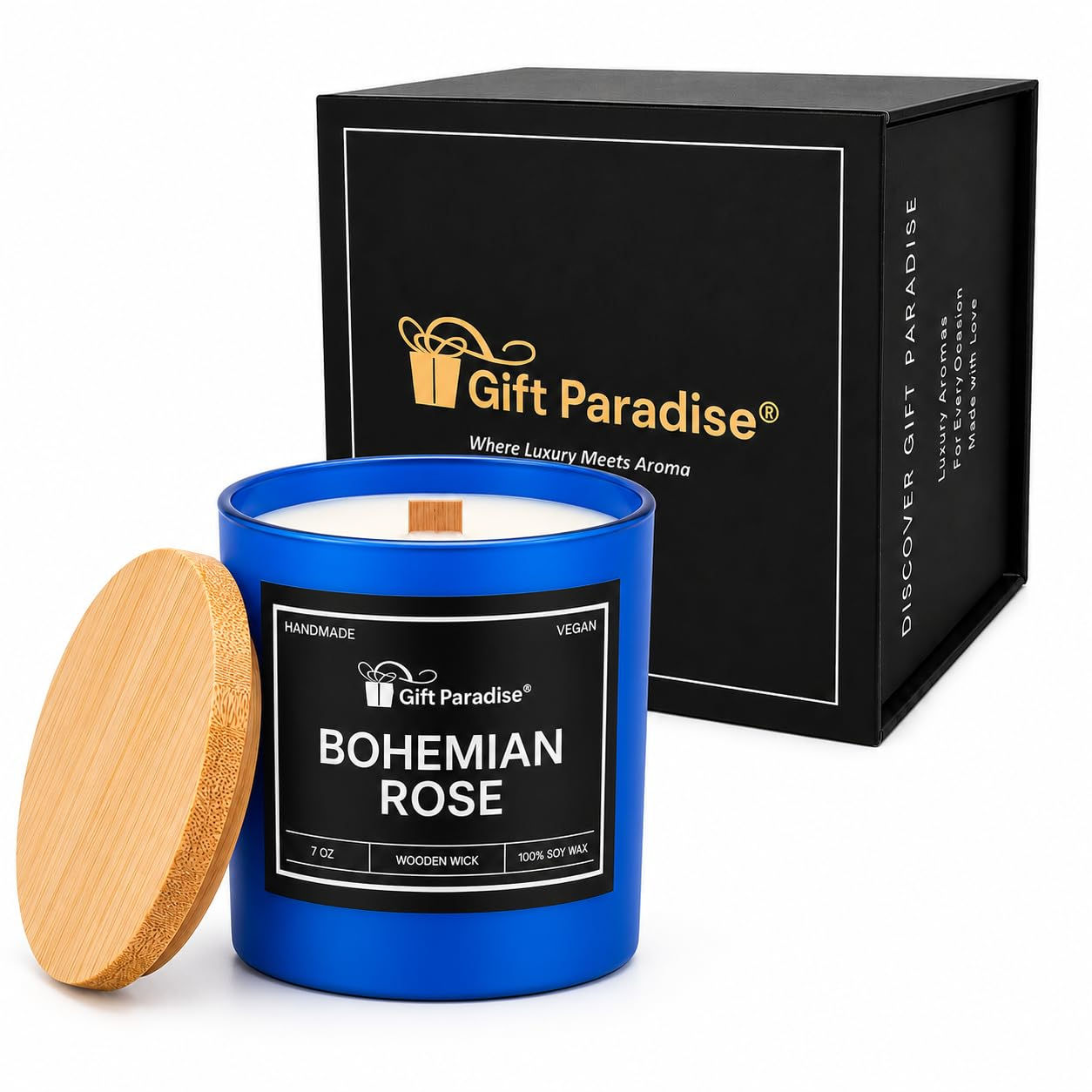 Gift Paradise Bohemian Rose Scented Soy Candle, 7 oz Premium Candle with Wooden