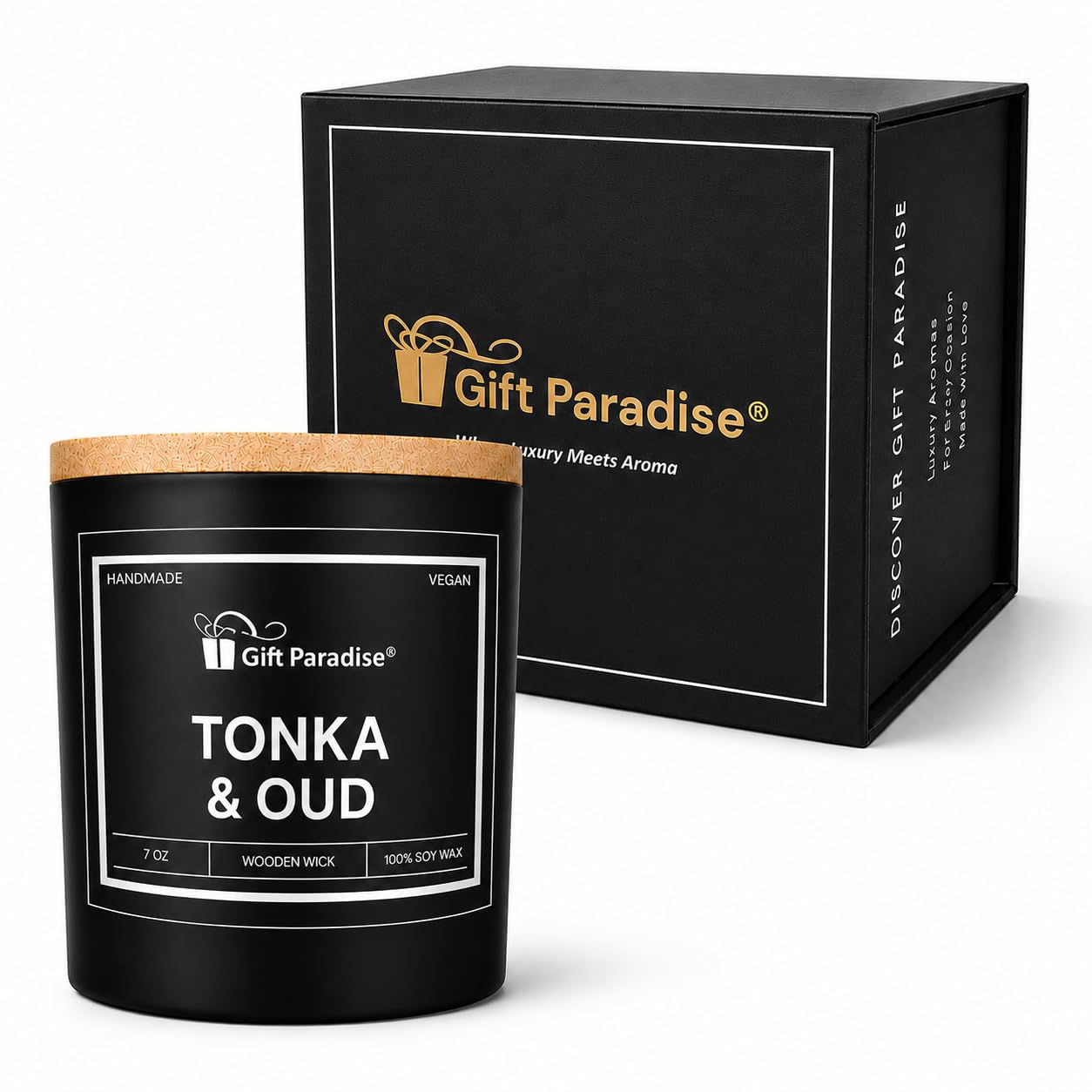 Gift Paradise Tonka & Oud Scented Candle, 7 oz Natural Soy Wax Candle with Crack