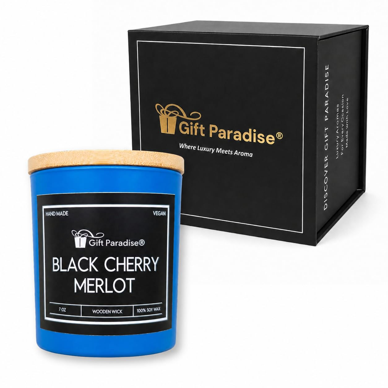 Gift Paradise Black Cherry Merlot Soy Candle – 7 oz Glass Jar with Bamboo Lid, C