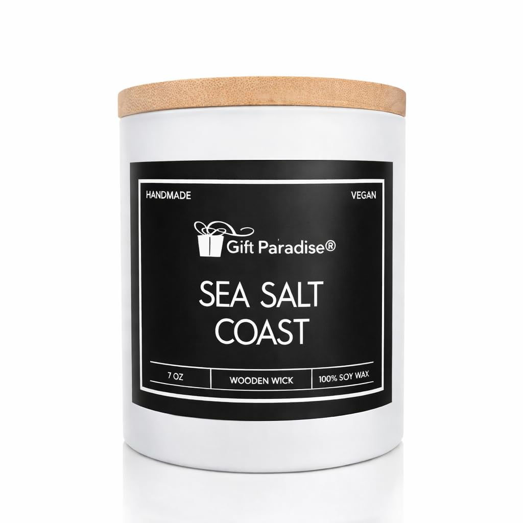 Gift Paradise Sea Salt Coast Scented Soy Candle, 7 oz Premium Candle with Wooden