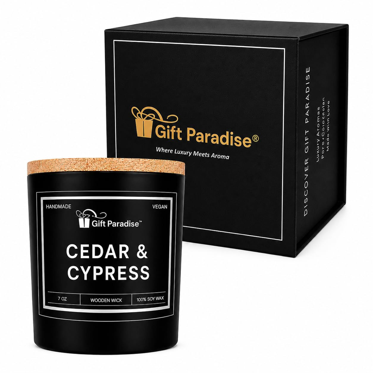 Cedar & Cypress Candle β 7 oz Premium Soy Wax Wood Wick in Black Magnetic Gift B