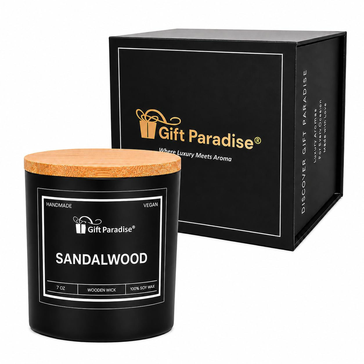 Gift Paradise Sandalwood Scented Candle – 7 oz Soy Wax Candle with Crackling Woo