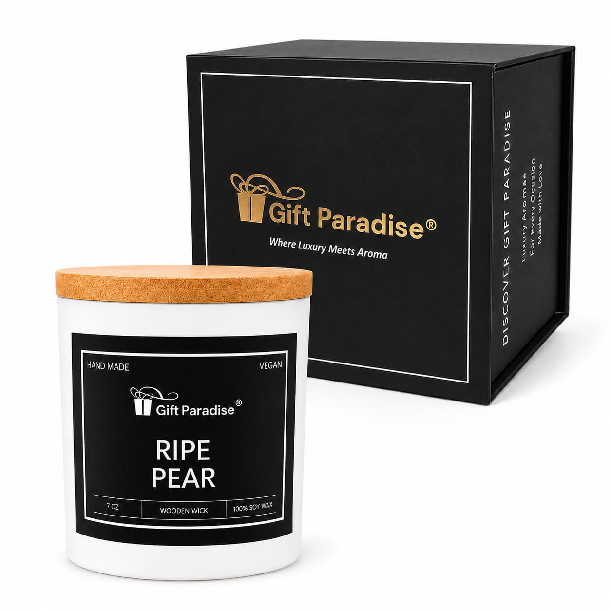 Gift Paradise Ripe Pear Soy Candle, 7 oz Wooden Wick Candle with Bamboo Lid & Ma