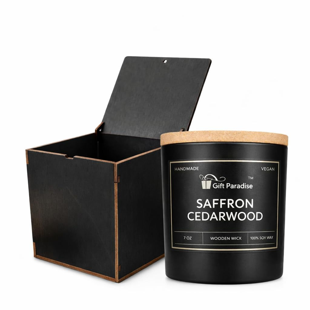 Gift Paradise Saffron Cedarwood Candle with Wooden Gift Box, 7 oz Soy Wax Candle