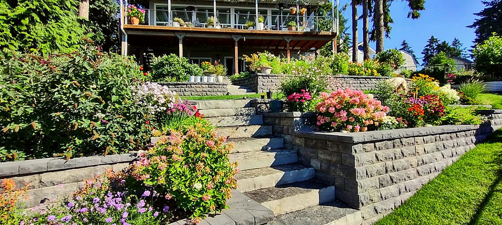 Terraced garden with stone steps, retaining walls, and colorful flowers.