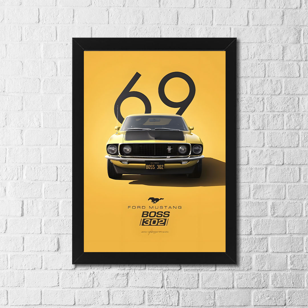Ford Mustang Boss 302 Poster – Yellow Minimal Classic Car Wall Art – Vintage Mus