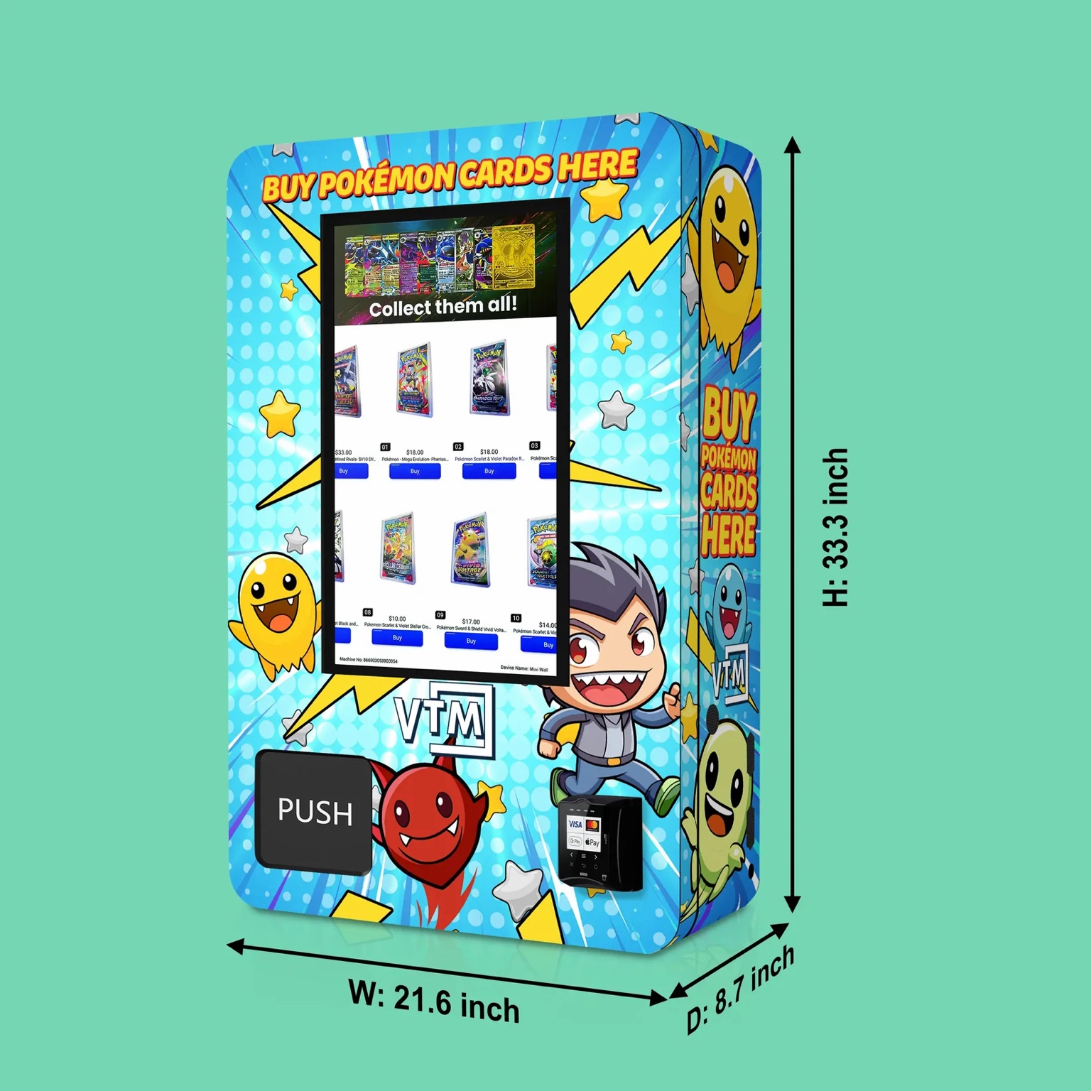 Compact trading card vending machine with dimensions