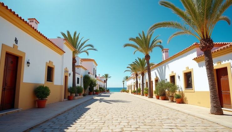 Eye-level view of a sunny Spanish coastal town with traditional buildings and palm trees