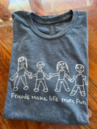 an image of a t-shirt that has a drawing of 4 people holding hands and the words friends make life more fun 