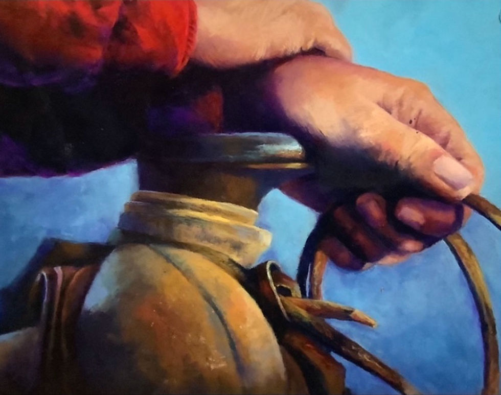 Pastel painting of a cowboy, hands on saddle horn