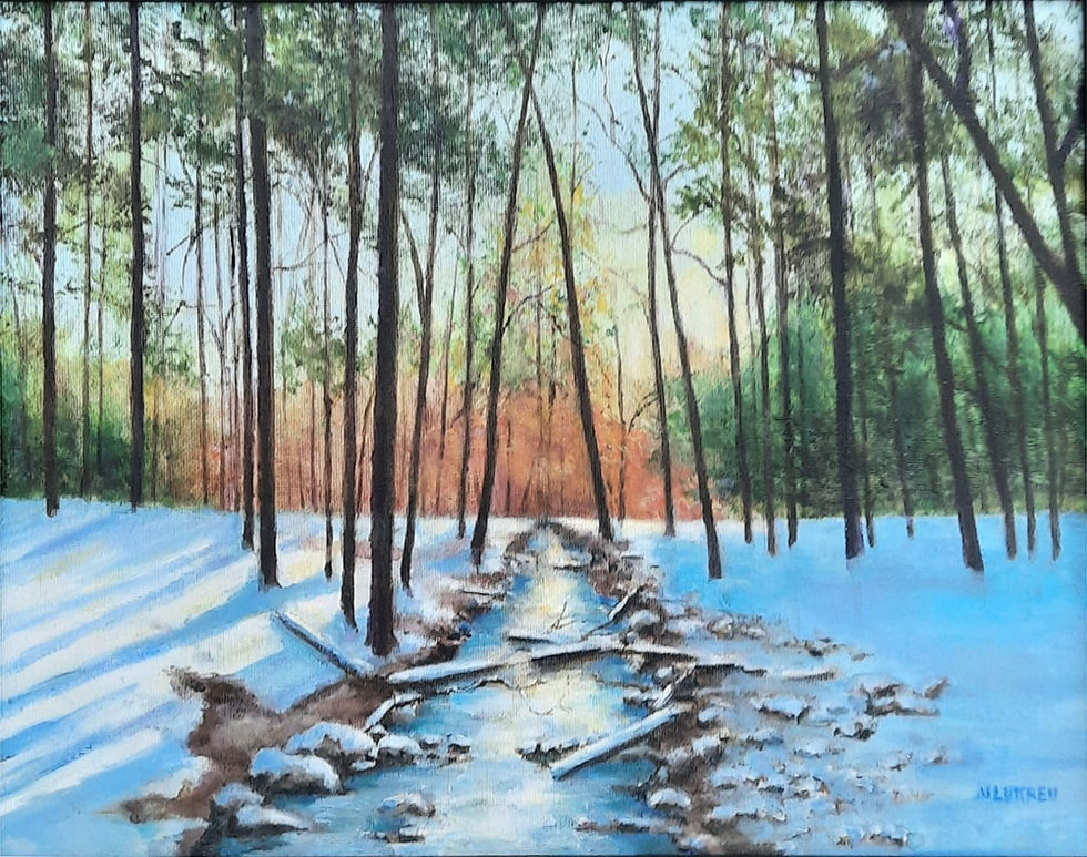An acrylic painting of a snowy stream