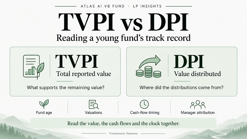 TVPI vs DPI infographic: reported value and distributions, assessed through fund age, valuations, cash-flow timing and manager attribution.