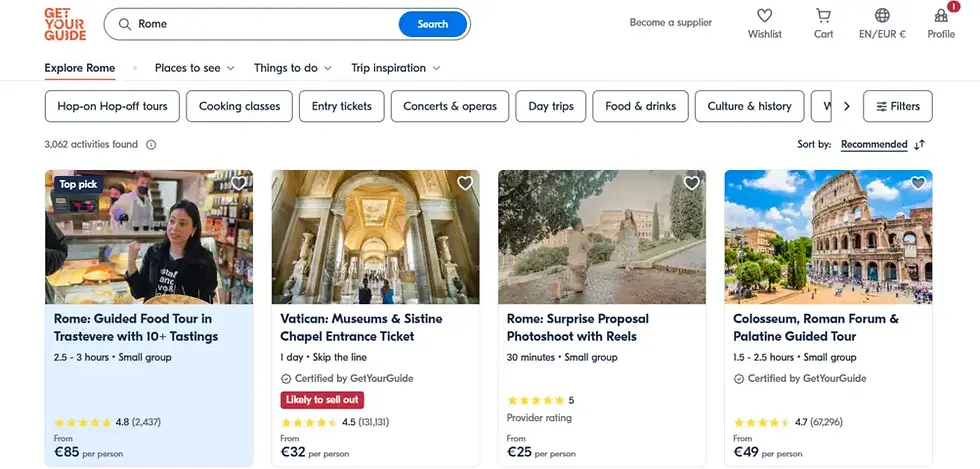 GetYourGuide search results for Rome: food tour, Vatican Museums ticket, Colosseum guided tour, more than 3 000 activities. Best websites to book tours in Italy in 2025
