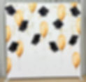 Black graduation caps and gold balloon graduation backdrop availabel form Elite Moments