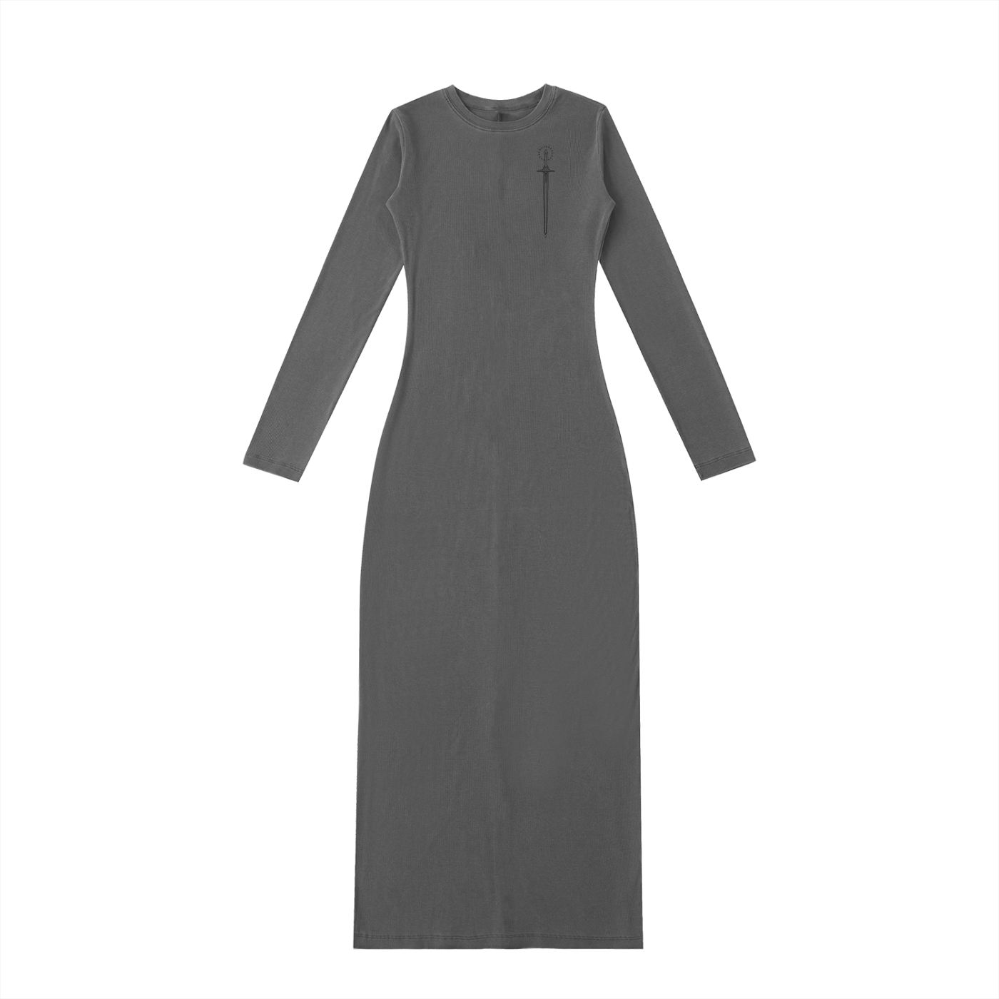 Front view of dress with small sword printed on left side of chest
