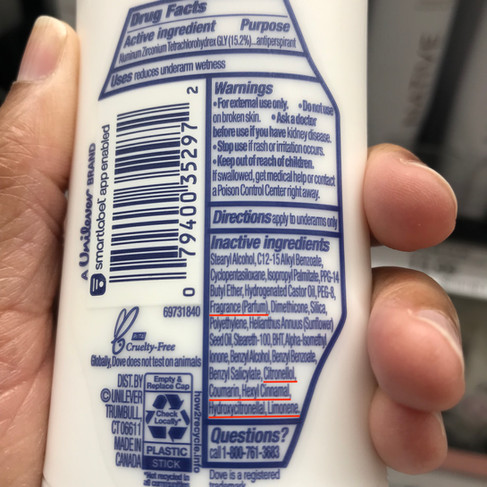 Image of dove brand deodorant with multiple fragrance additives that may potentially cause allergic reactions