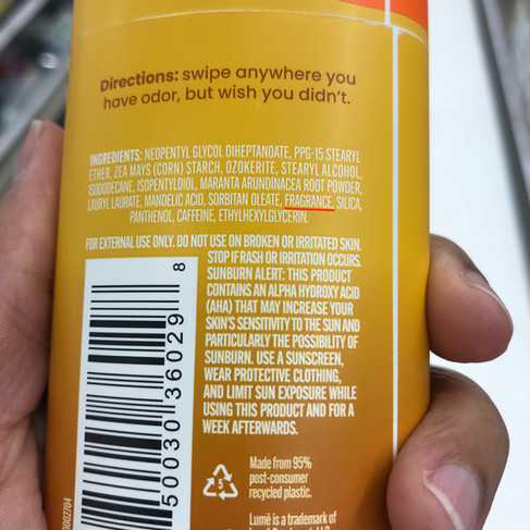 Image of ingredient list of Lume natural deodorant with fragrance that may potentially cause allergic reactions 