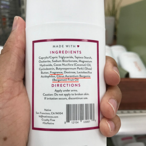 Image of ingredient list of native natural deodorant with fragrance and oil of bergamot