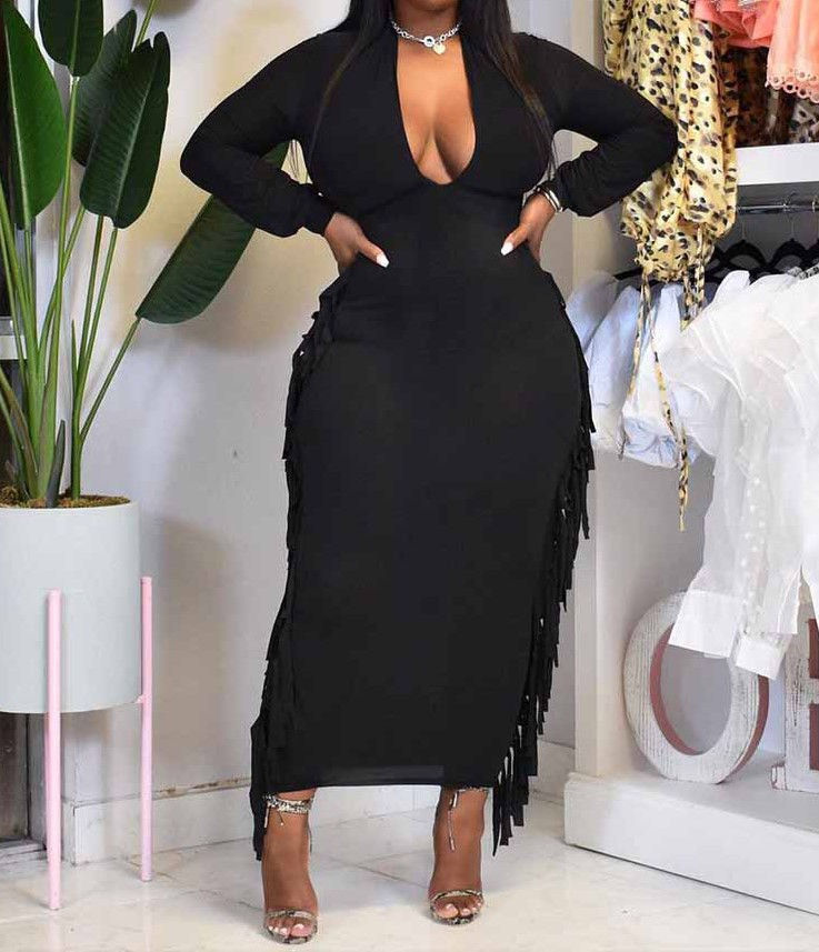 Plus Size Tassel Solid V Neck Maxi Dress