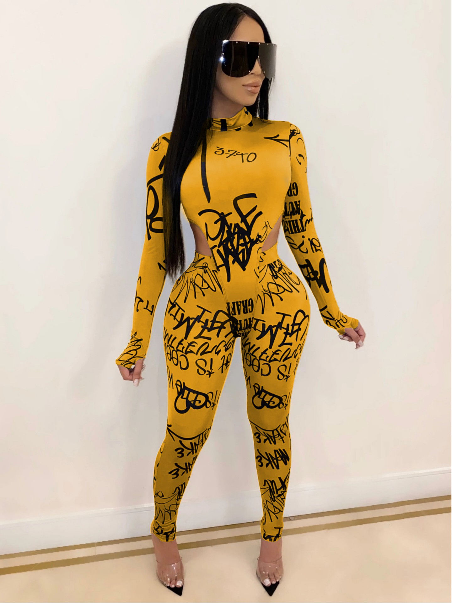 Sexy Mock Neck Printed 2 Piece Pants Set