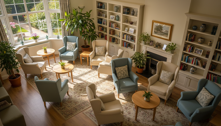 High-angle view of a comfortable care home lounge with armchairs near large windows