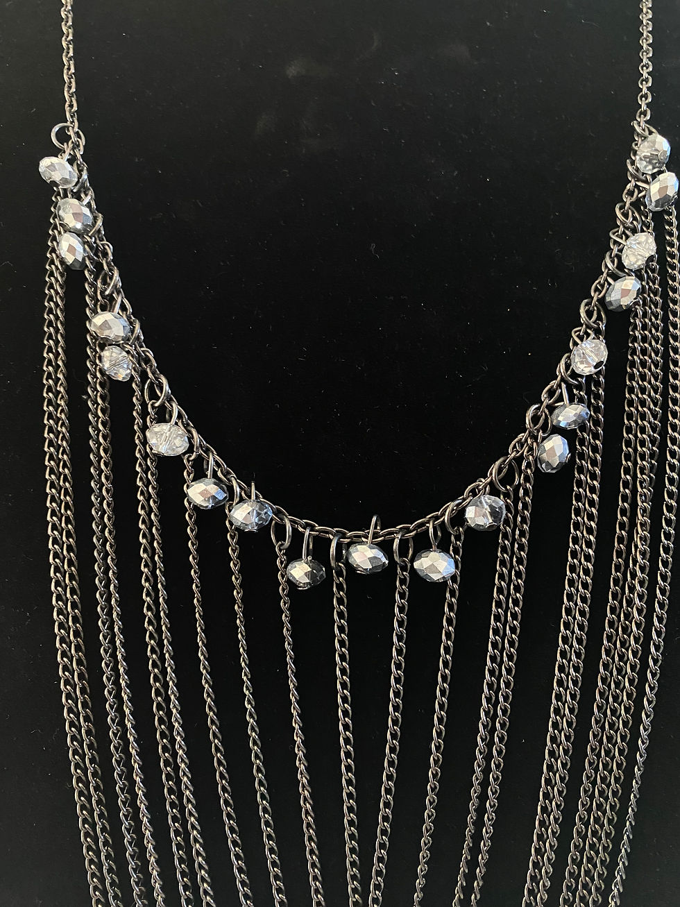 1980's Crystal Bead Gun Metal Chain Bib Necklace