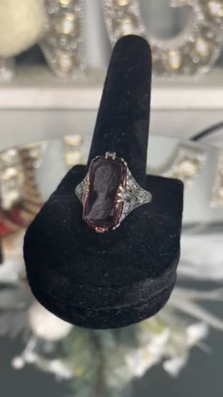Thumbnail: Vintage Purple Filigree Stone Intaglio Sterling Silver Ring