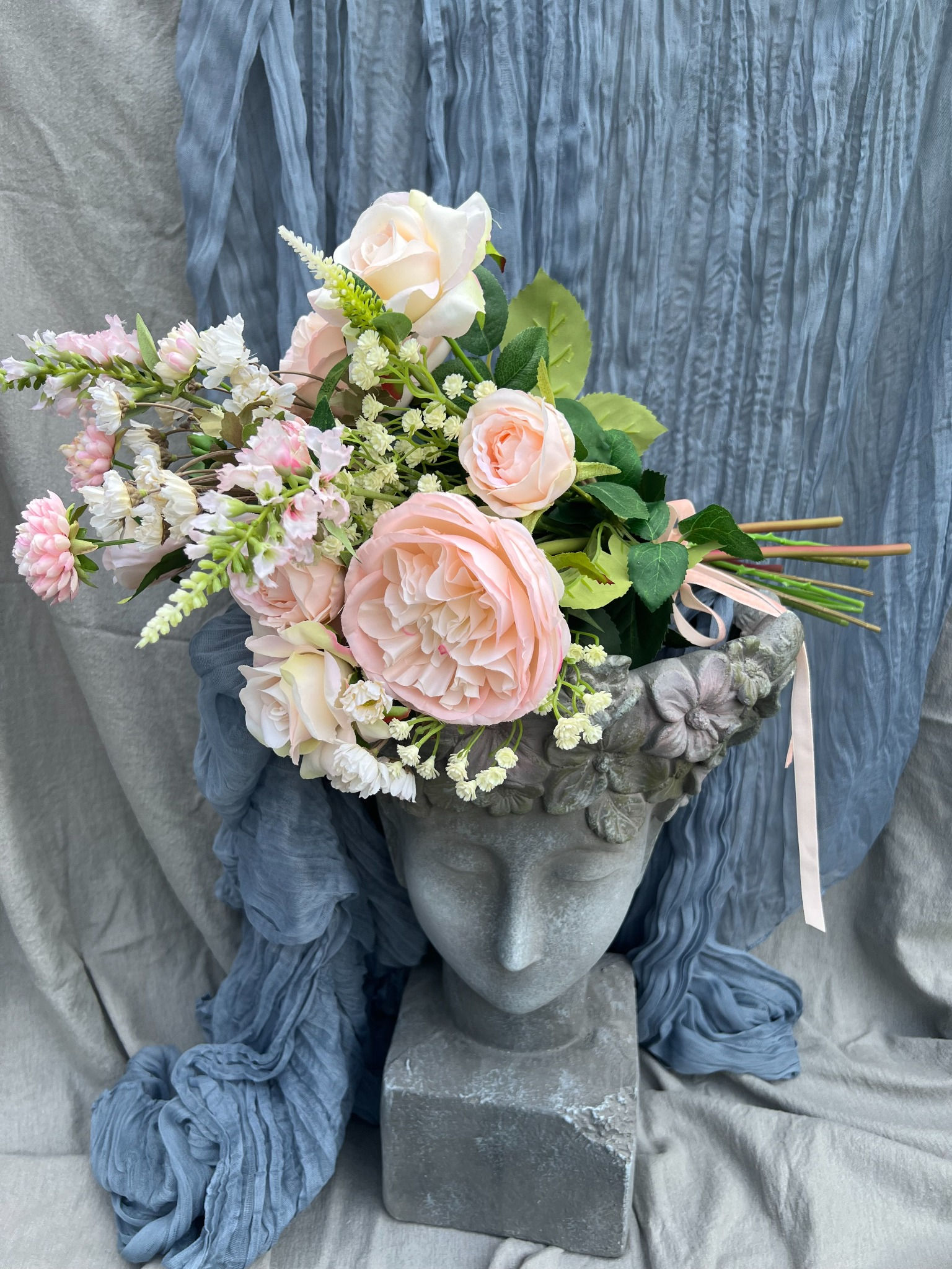 Meadow Blush faux flower bouquet with creamy pink roses, tiny daisies and blush velvet ribbon, Peacock & Gilt — view 1