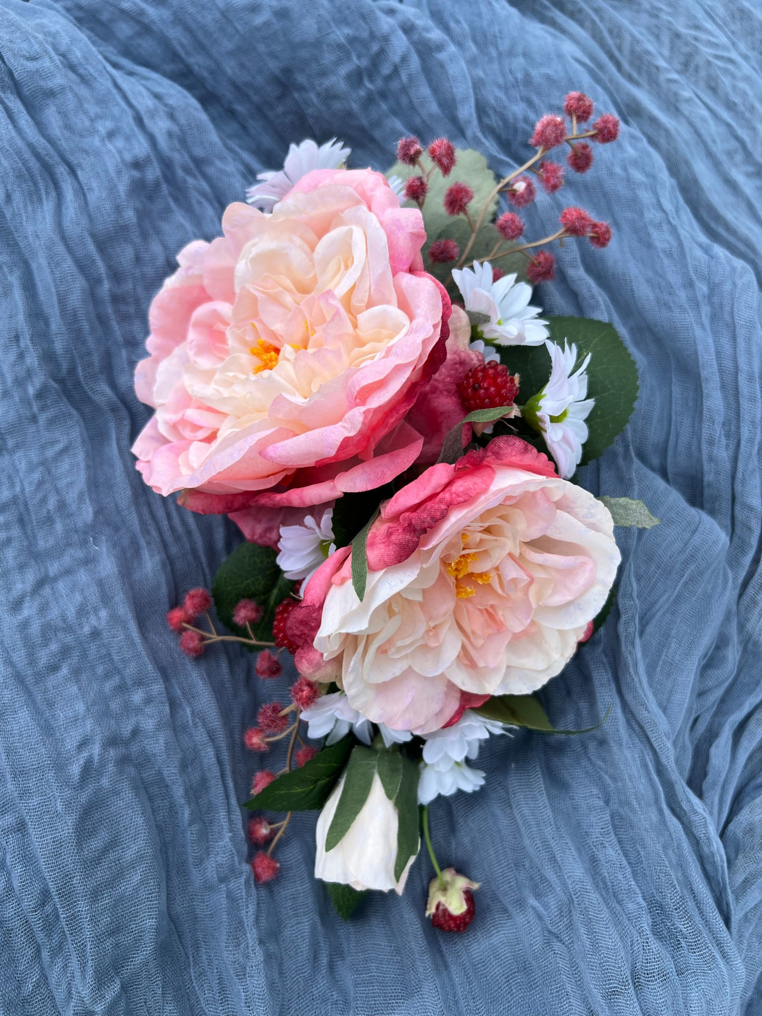 Raspberry Garden statement floral piece with blush pink roses, white daisies and raspberries
