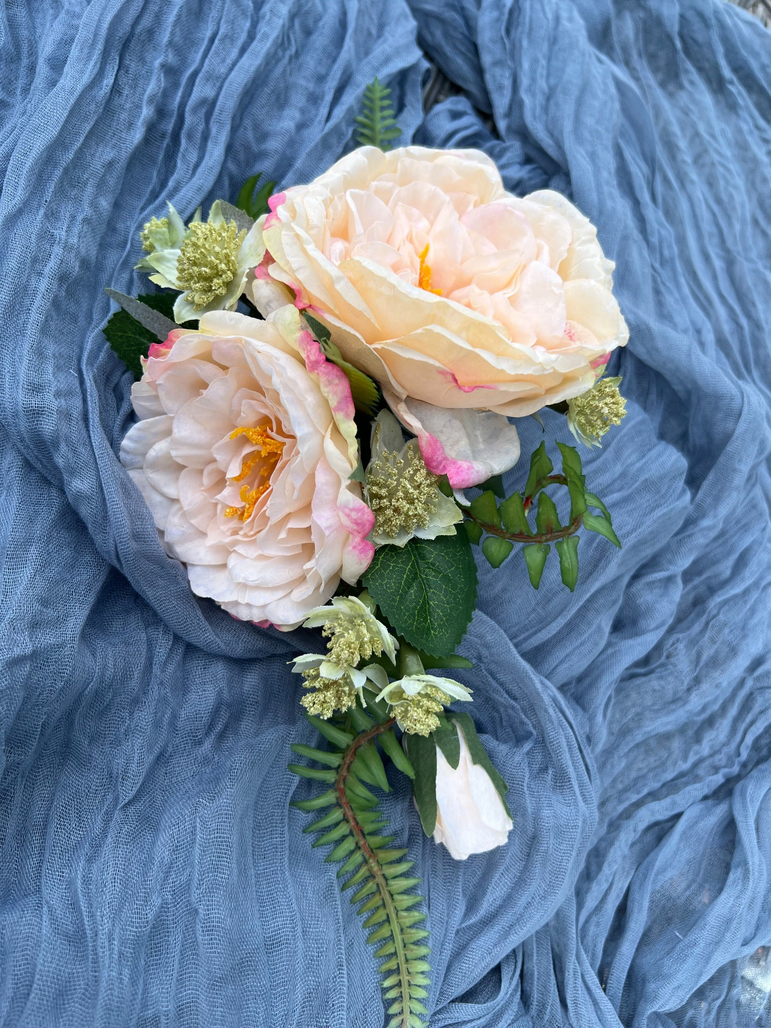Summer Garden Rose statement floral piece with peach roses, astrantia and fern