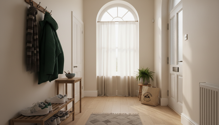 Wide-angle view of a calm hallway with shoes, a coat and a shopping bag by the door